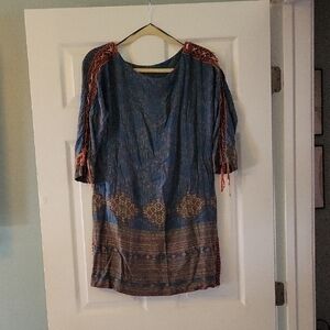 Free People Chic Blue and Brown Mini Dress With Suede Leather Trim. Very Very 😎
